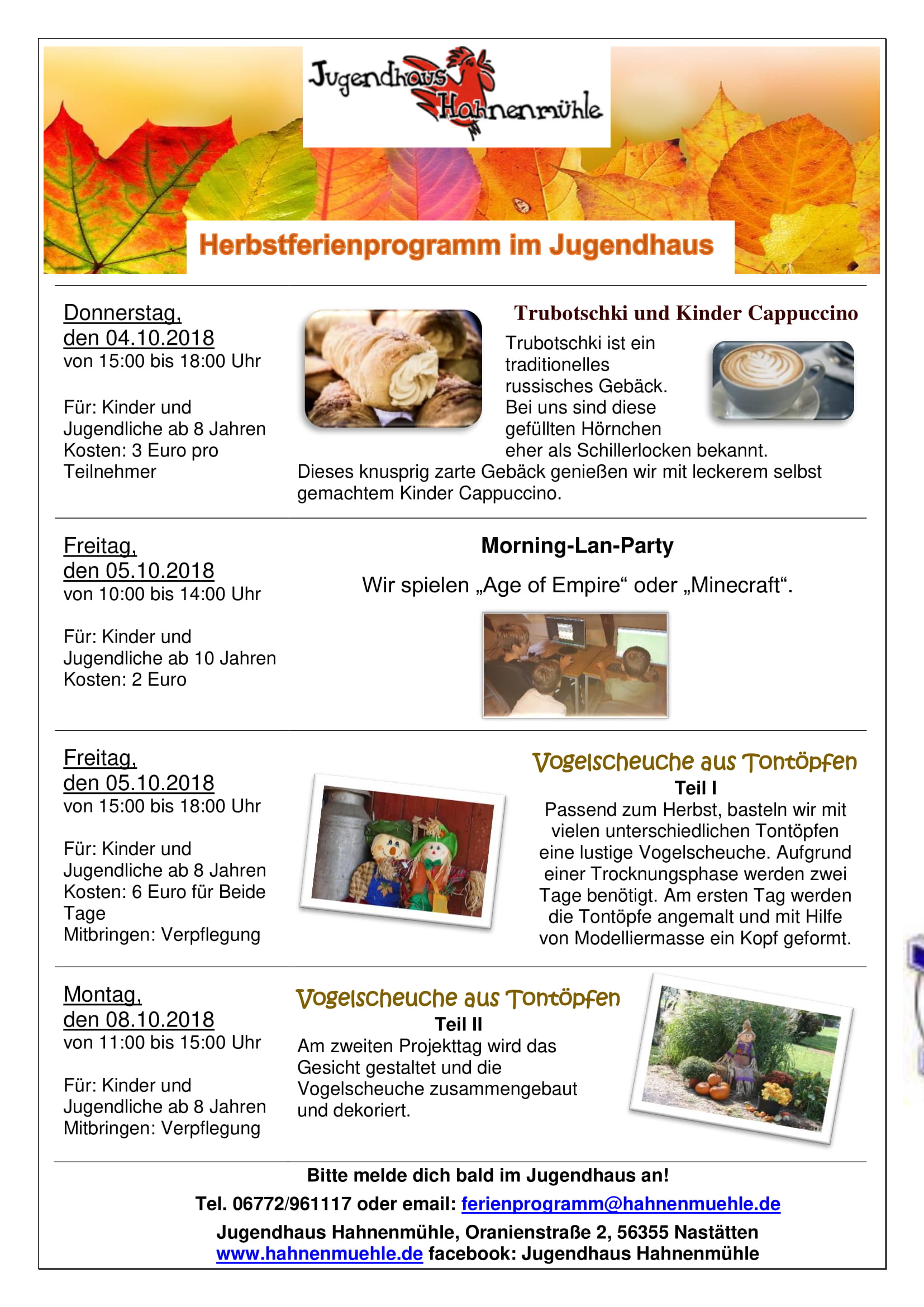 Herbstferienprogramm 2018 Jugendhaus Hahnenmühle
